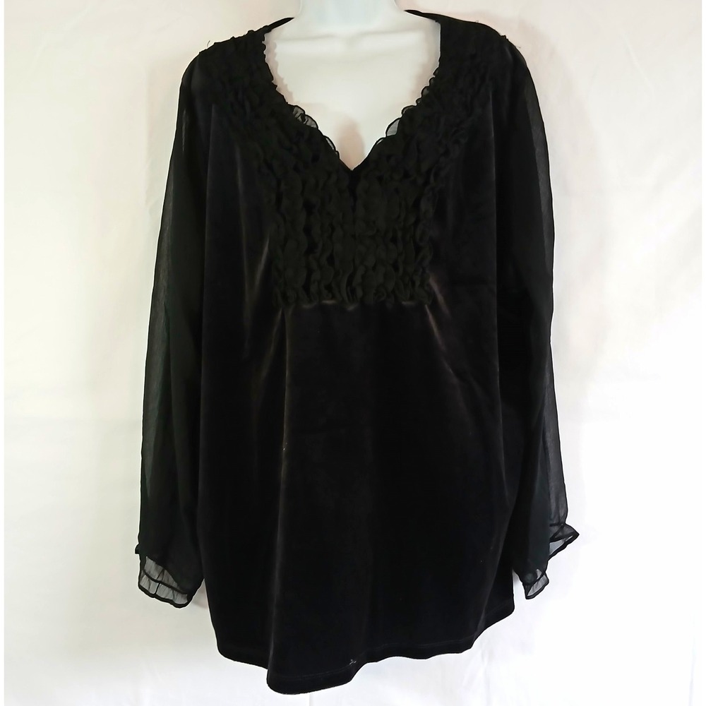 Avenue Sheer Blouse Black velore Ruffle V Neck  Sz 26 Night out romantic party